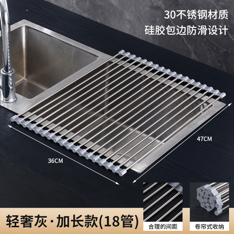 Stainless Steel Silicone Folding Drain Rack Sink Drain Rack Dishes Fruit And Vegetable Roller Blind Drain Rack Kitchen Supplies