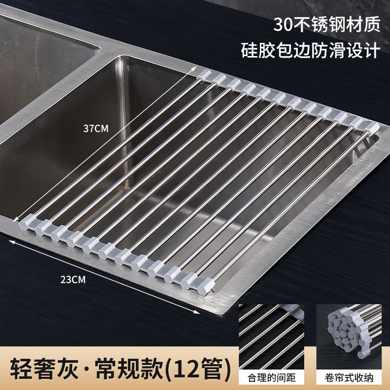 Stainless Steel Silicone Folding Drain Rack Sink Drain Rack Dishes Fruit And Vegetable Roller Blind Drain Rack Kitchen Supplies