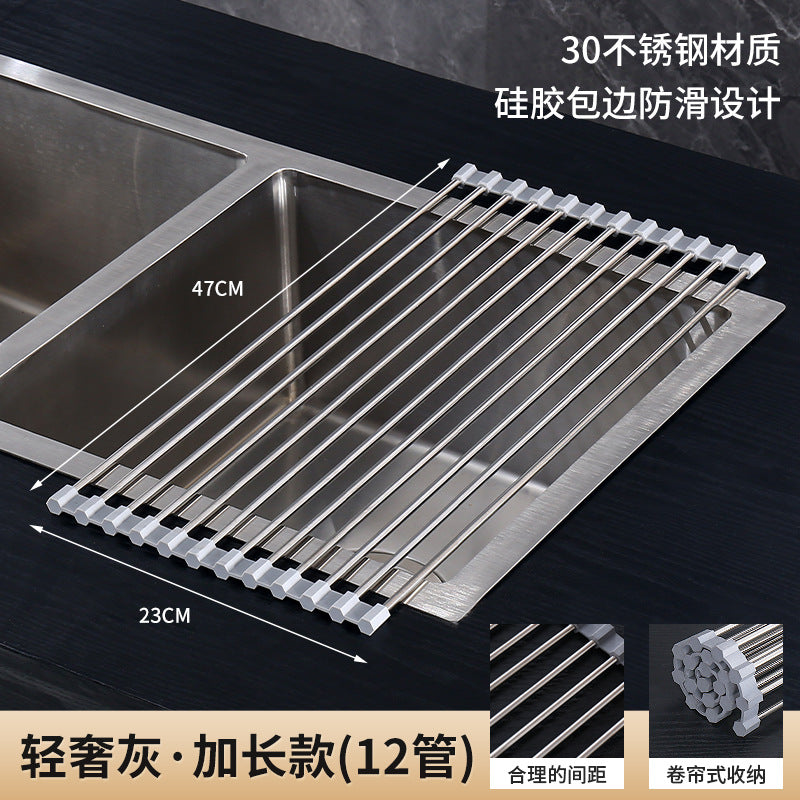 Stainless Steel Silicone Folding Drain Rack Sink Drain Rack Dishes Fruit And Vegetable Roller Blind Drain Rack Kitchen Supplies