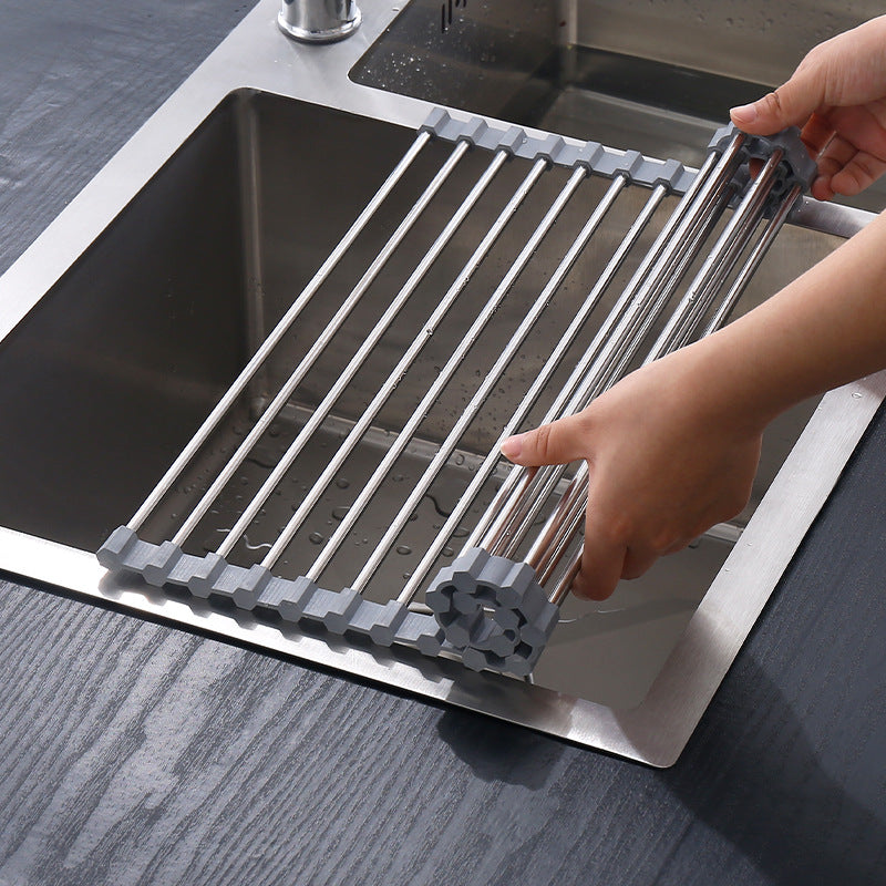 Stainless Steel Silicone Folding Drain Rack Sink Drain Rack Dishes Fruit And Vegetable Roller Blind Drain Rack Kitchen Supplies