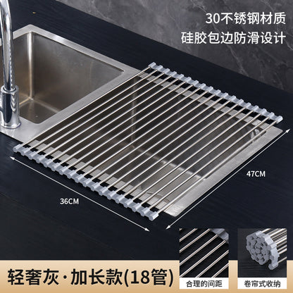Stainless Steel Silicone Folding Drain Rack Sink Drain Rack Dishes Fruit And Vegetable Roller Blind Drain Rack Kitchen Supplies