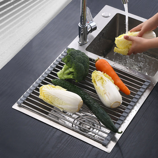 Stainless Steel Silicone Folding Drain Rack Sink Drain Rack Dishes Fruit And Vegetable Roller Blind Drain Rack Kitchen Supplies
