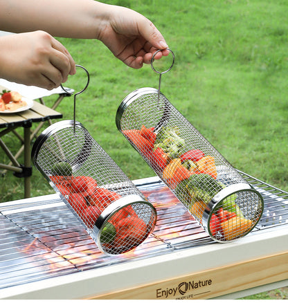 BBQ Cage Round BBQ Barrel Outdoor BBQ Smoked Cage Portable BBQ Stove Rotating Rolling Stainless Steel Cage